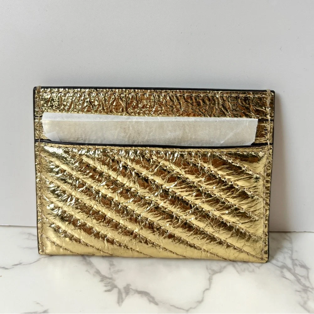 New Tory Burch Kira Metallic Crinkled Leather Gold Card Case